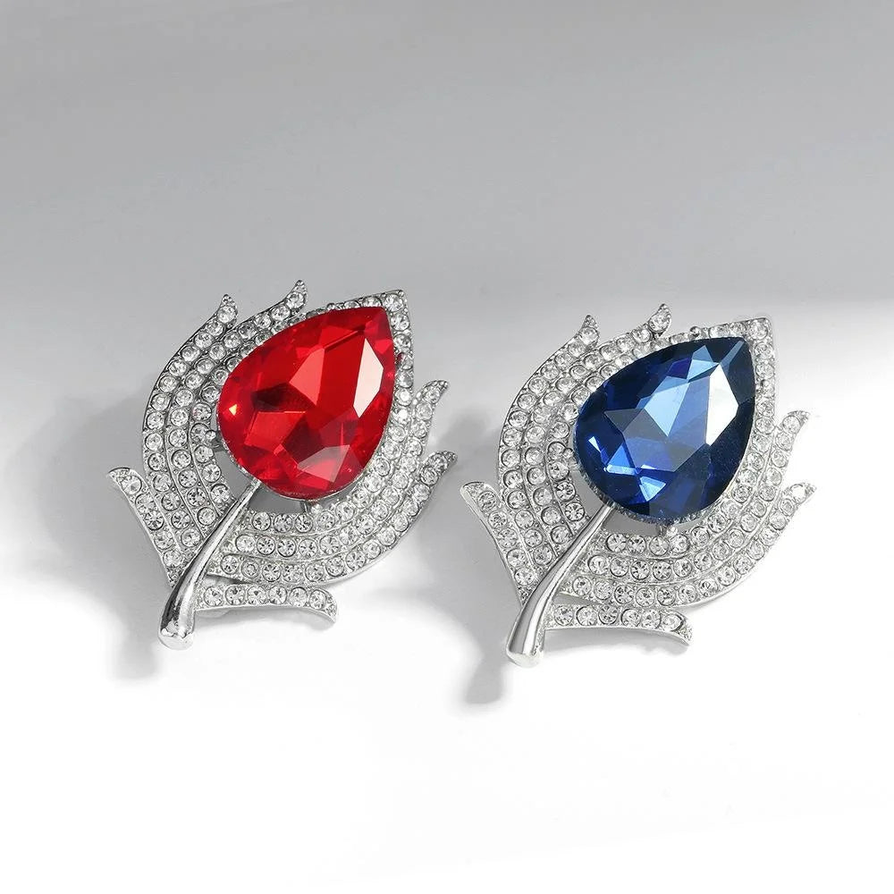 Luxury Blue Glass Teardrop Leaf Brooch With Rhinestone Alloy Setting, Elegant Lapel Pin Corsage Gift