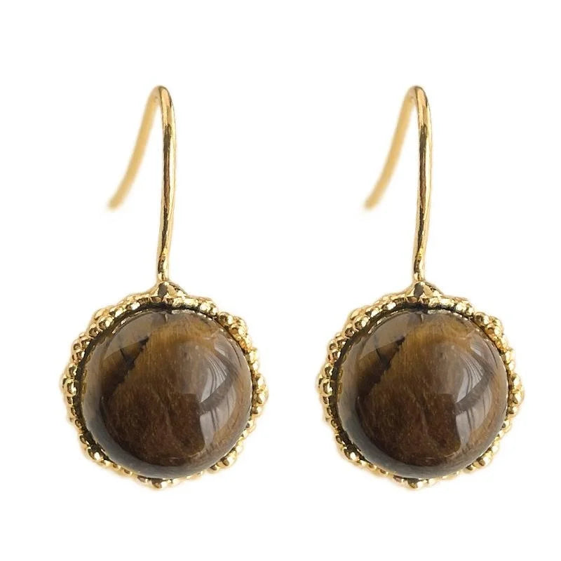 2025 Autumn Winter Natural Tiger Eye Round Geometric 14K Plated Vintage Drop Earrings