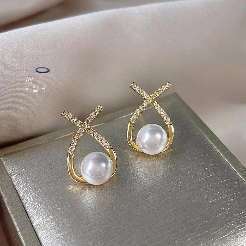 French Vintage Geometric Cross Pearl Stud Earrings With Micro Pave Zircon Copper Jewelry
