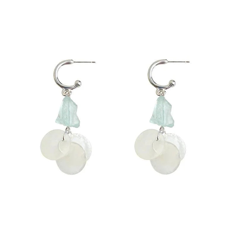Premium Summer Natural Stone Blue Crystal Shell Geometric Tassel Drop Earrings