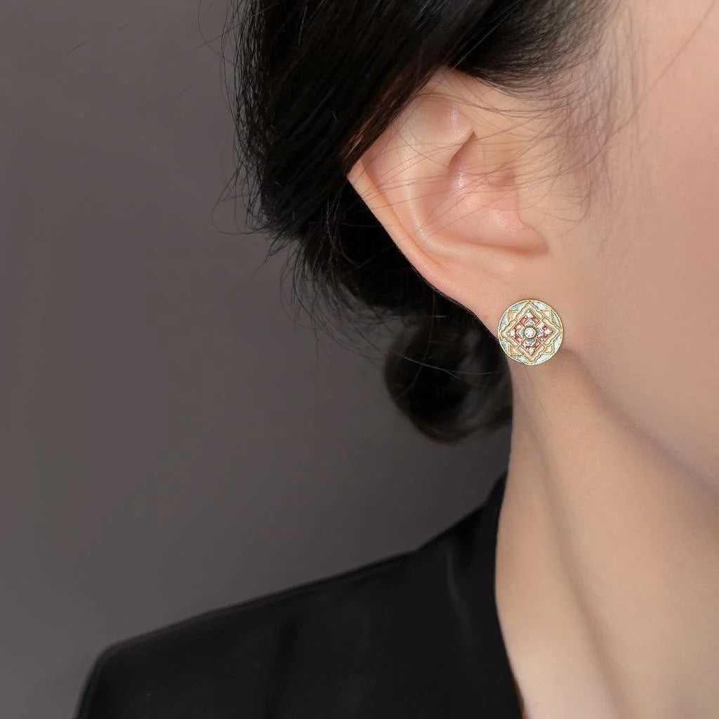 Vintage Ethnic Geometric Floral Enamel Copper Stud Earrings