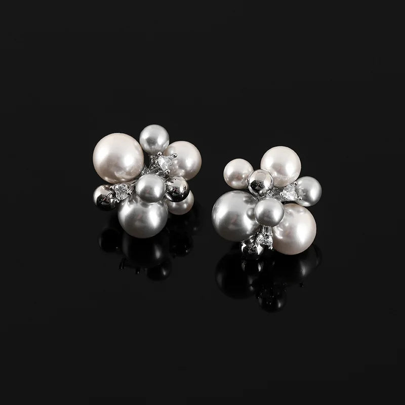 Luxury Grey Pearl Firework Cluster Rhinestone Stud & Clip On No Piercing Women's Fashion Earrings