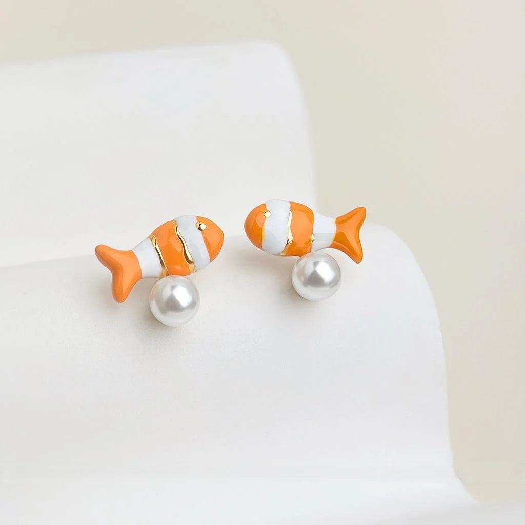 Handmade Enamel Clownfish Stud Earrings Copper Tropical Fish Design Casual Jewelry