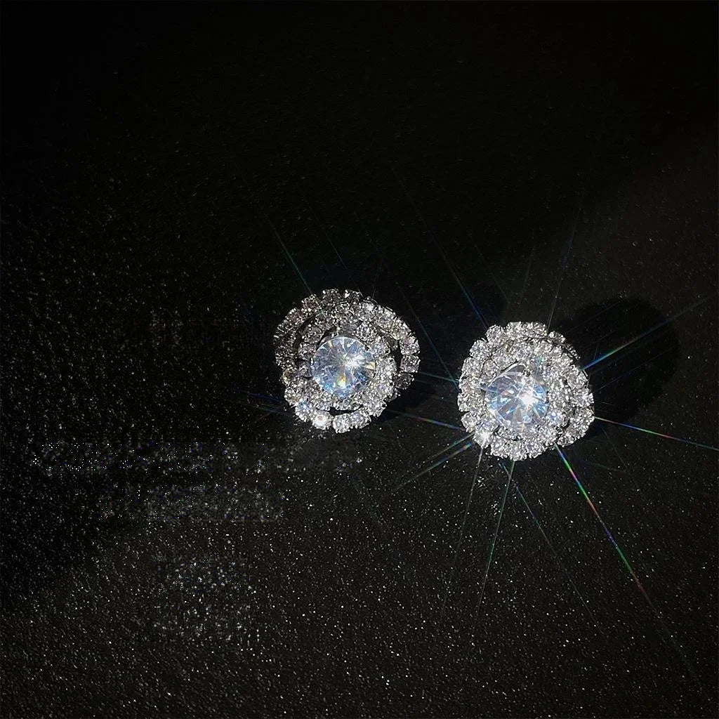 Light Luxury Copper Micro Pave Zircon Round Geometric Stud Earrings With Multi Layer 3D Line Design