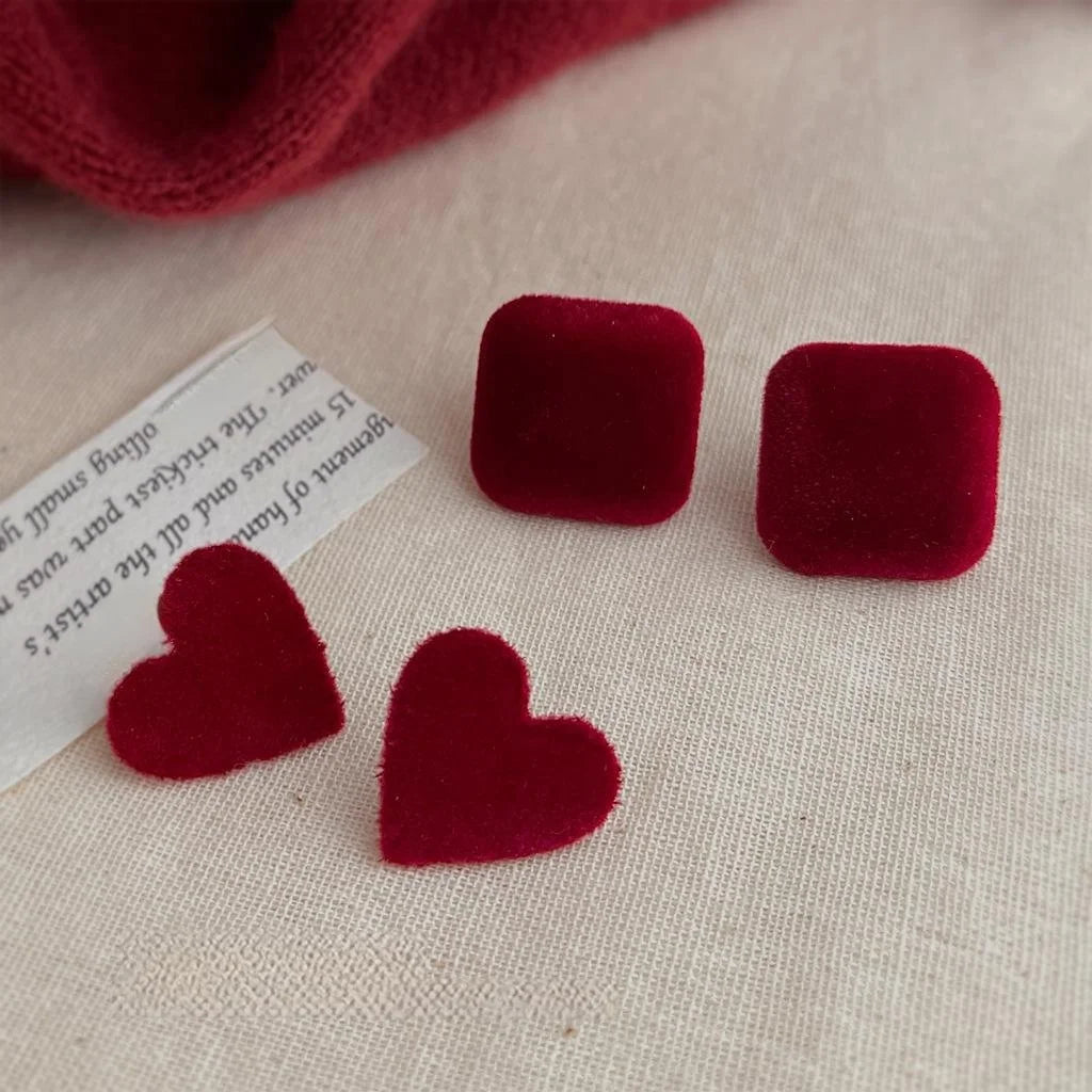 Burgundy Flocked Heart Square Stud Earrings Silver Plated Metal Hong Kong Style Jewelry