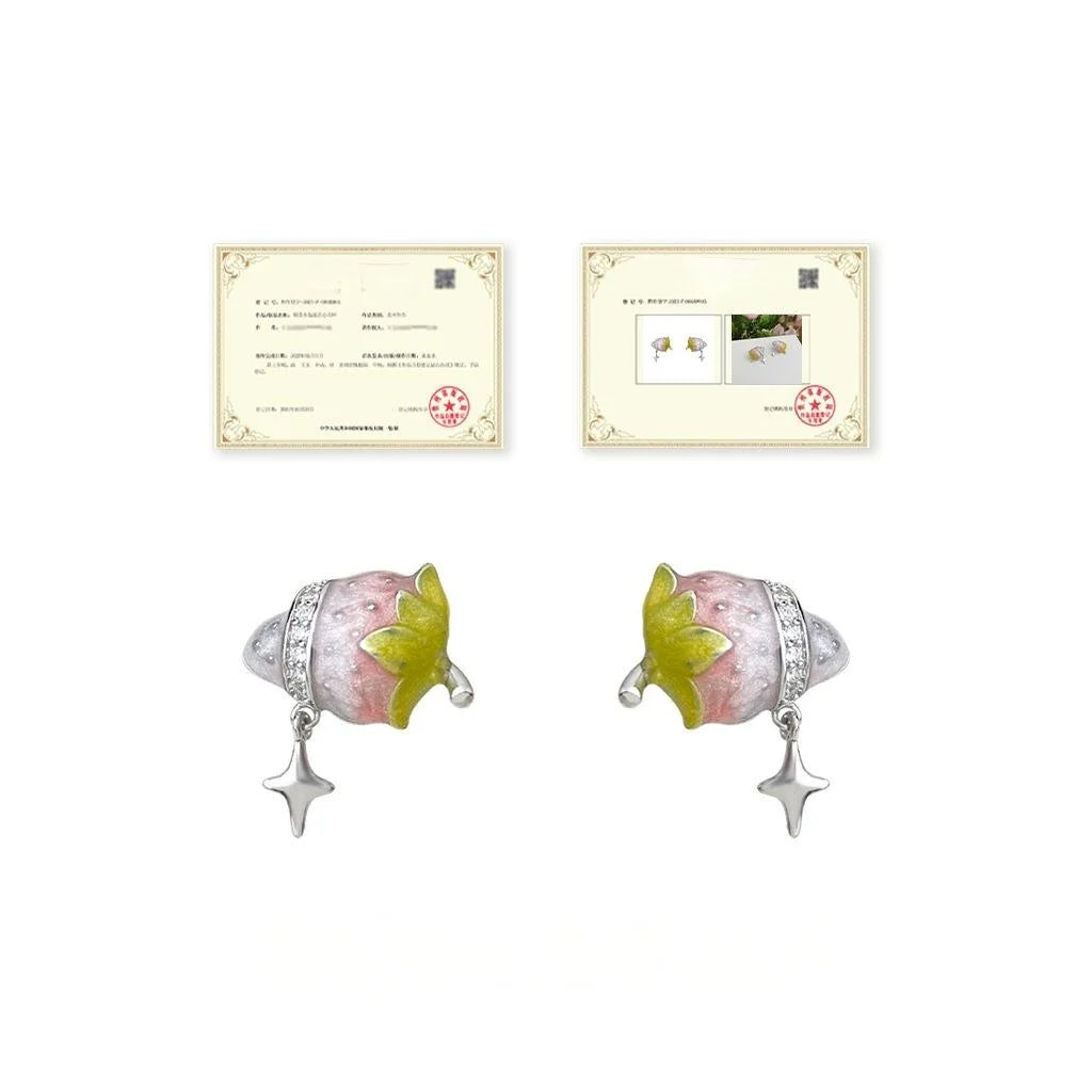 Sweet Strawberry Star Copper Stud Earrings, Cute Cream Girl Designer Style