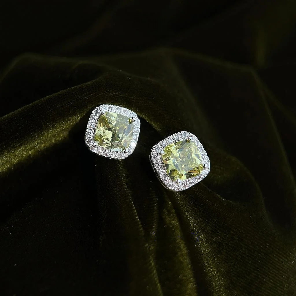 Olive Green Square Sugar Cube Zircon Stud Earrings Eco-Friendly Copper Elegant Minimalist Jewelry