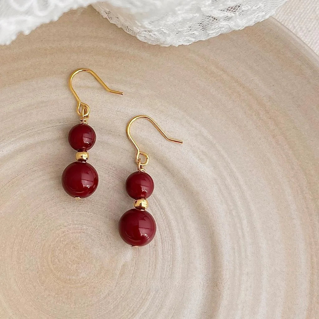 French Vintage Red Glass Tassel Drop Earrings Handmade Palace Geometric Jewelry for Women
