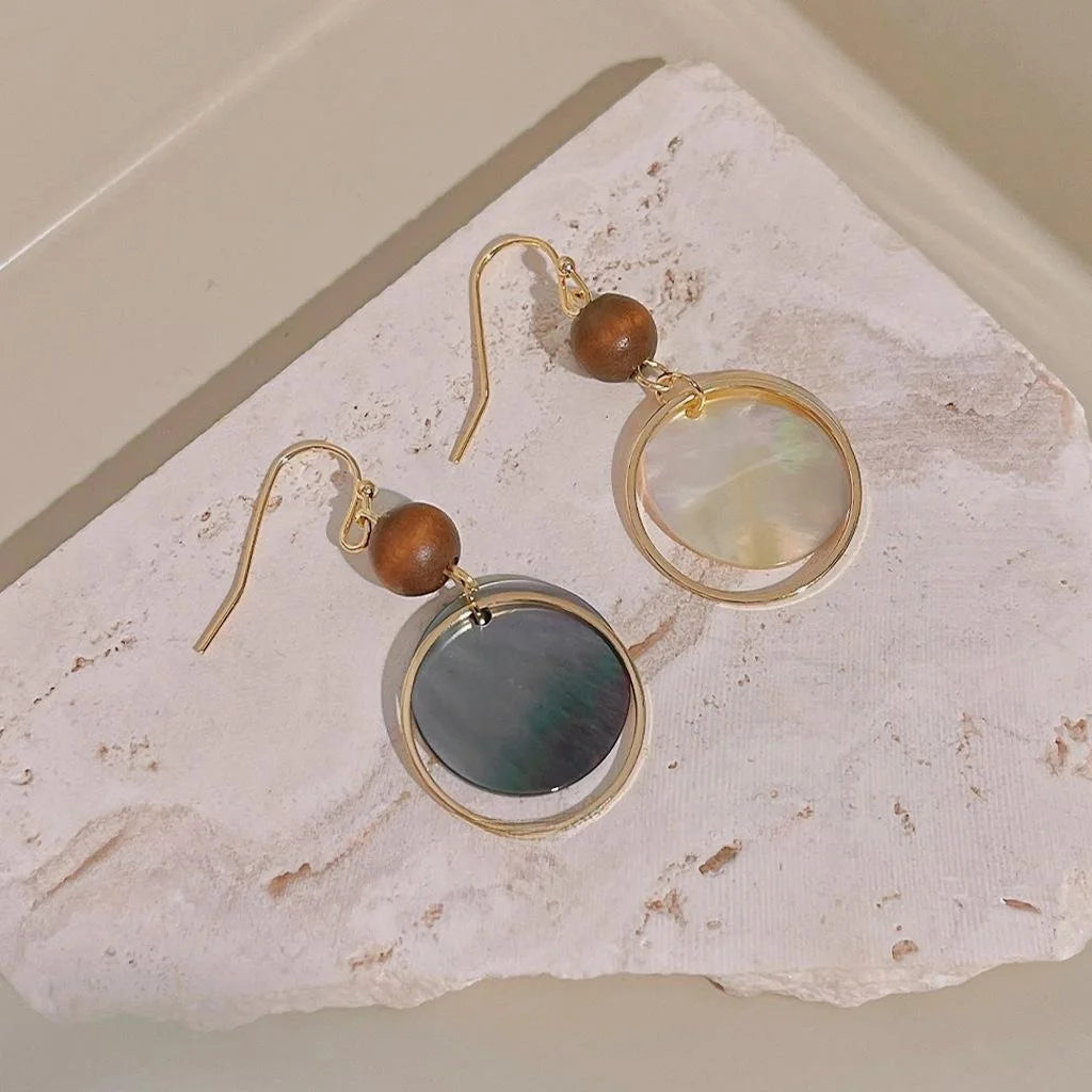 Vintage Palace Style Iridescent Black Shell Round Geometric Drop Earrings Handmade Jewelry