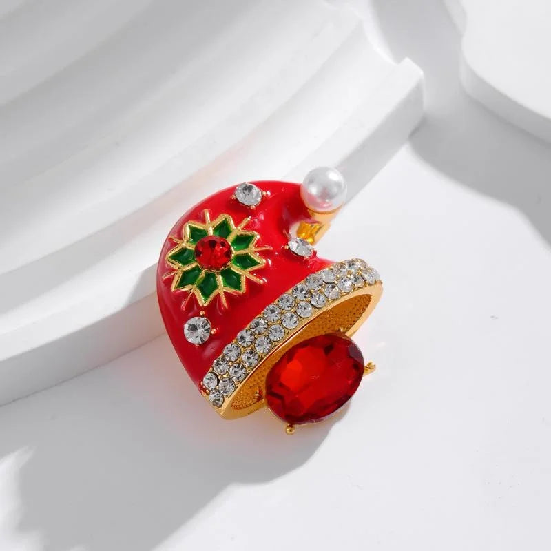 Elegant Enamel Santa Hat Brooch With Rhinestone Flower And Pearl Trim, Christmas Lapel Pin Gift