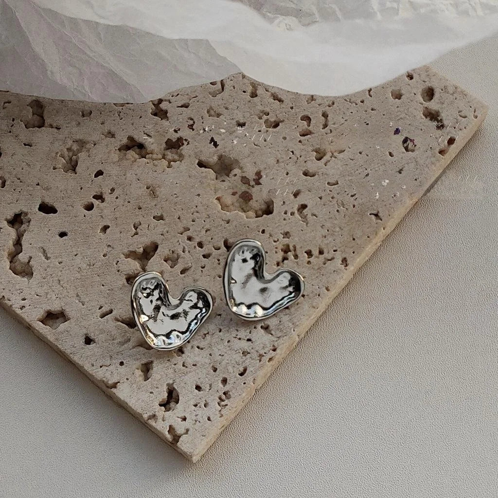 Liquid Metal Silver Plated Copper Heart Stud Earrings, Minimalist Korean Style Jewelry