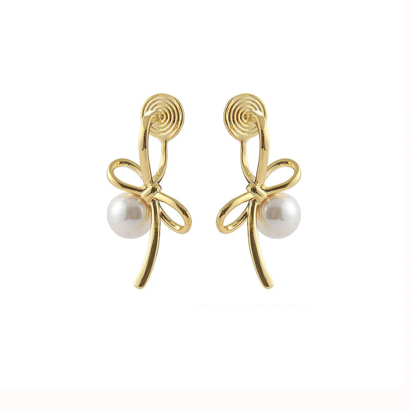 Elegant Gold Alloy Bowknot Pearl Spiral Stud & Clip On No Piercing Lightweight Luxury Drop Earrings