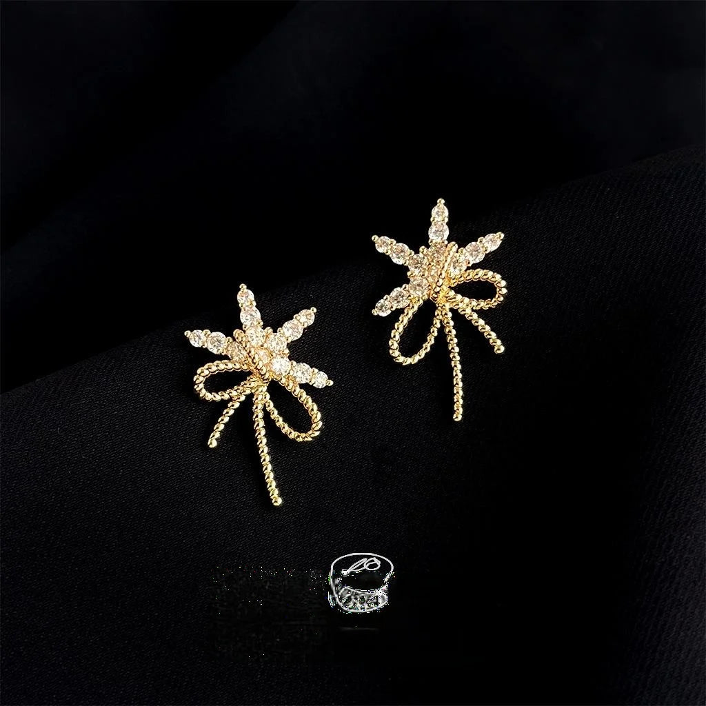French Vintage Copper Bowknot Micro Pave Zircon Stud Earrings For Women