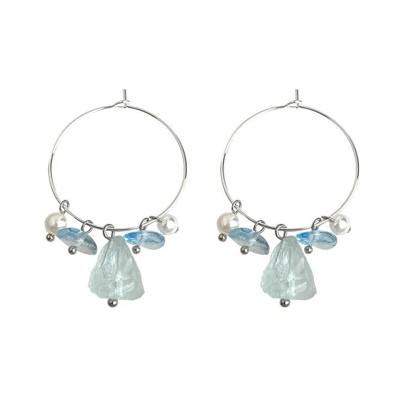 Handmade Irregular Blue Crystal Natural Stone Glass Pearl Drop Earrings For Beach Vacation