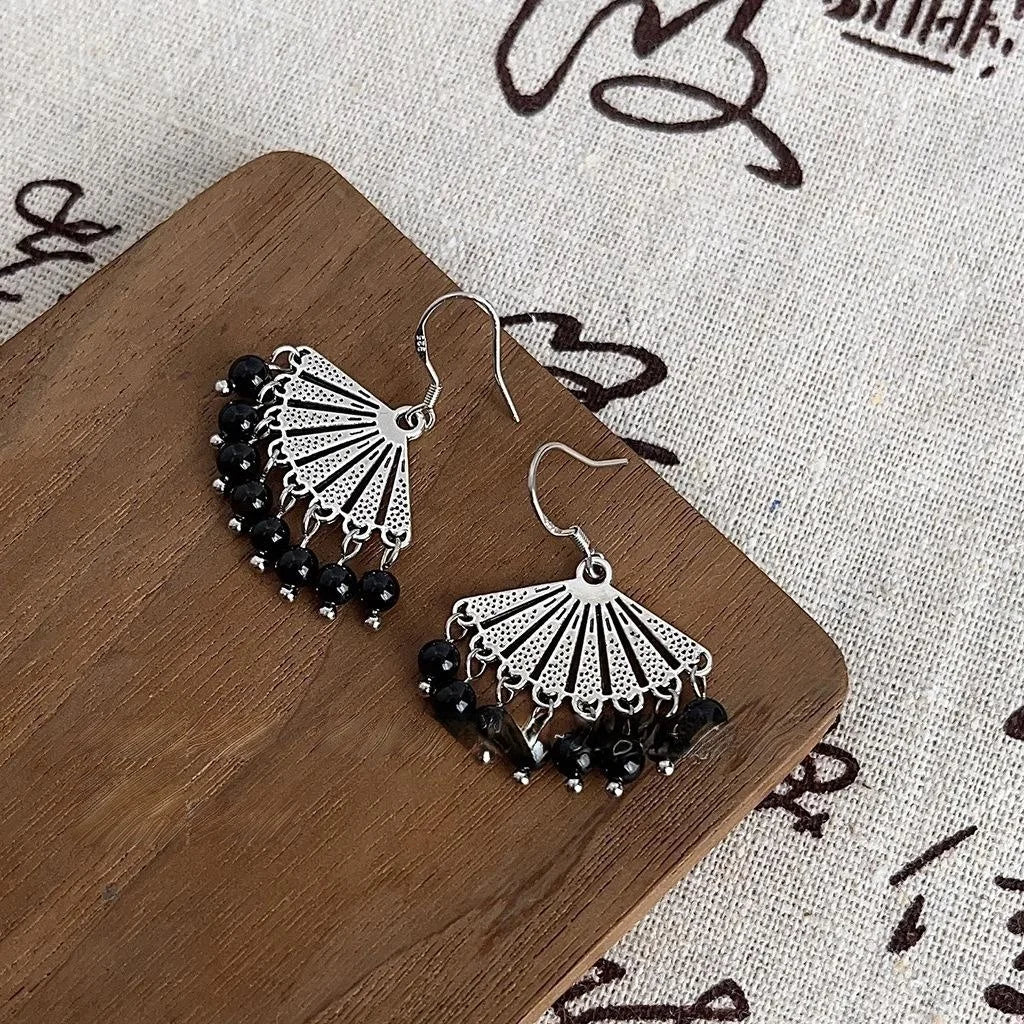 Ethnic Fan Tassel Drop Earrings Black Handmade Copper Silver Plated Elegant Geometric Jewelry
