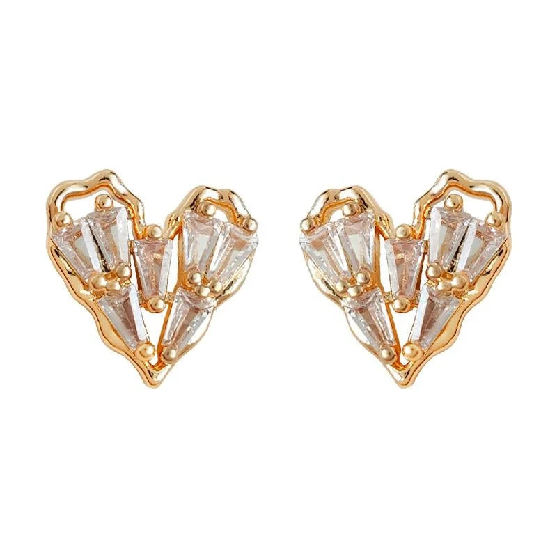 14K Gold Plated Copper Heart Zircon Micro Pave Stud Earrings For Women