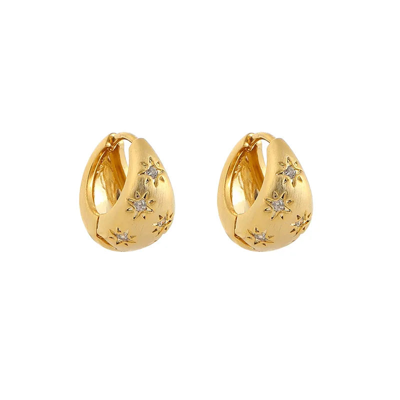 Elegant Brushed Gold Alloy Teardrop Hoop Star Zircon Stud & Clip On No Piercing Huggie Earrings
