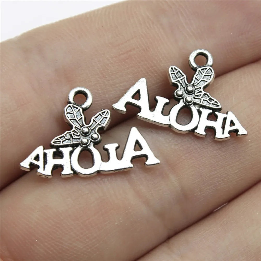 21x14mm 1g Antique Silver Zinc Alloy ALOHA Word Tag Letter Charm Pendant for Bracelet Necklace DIY