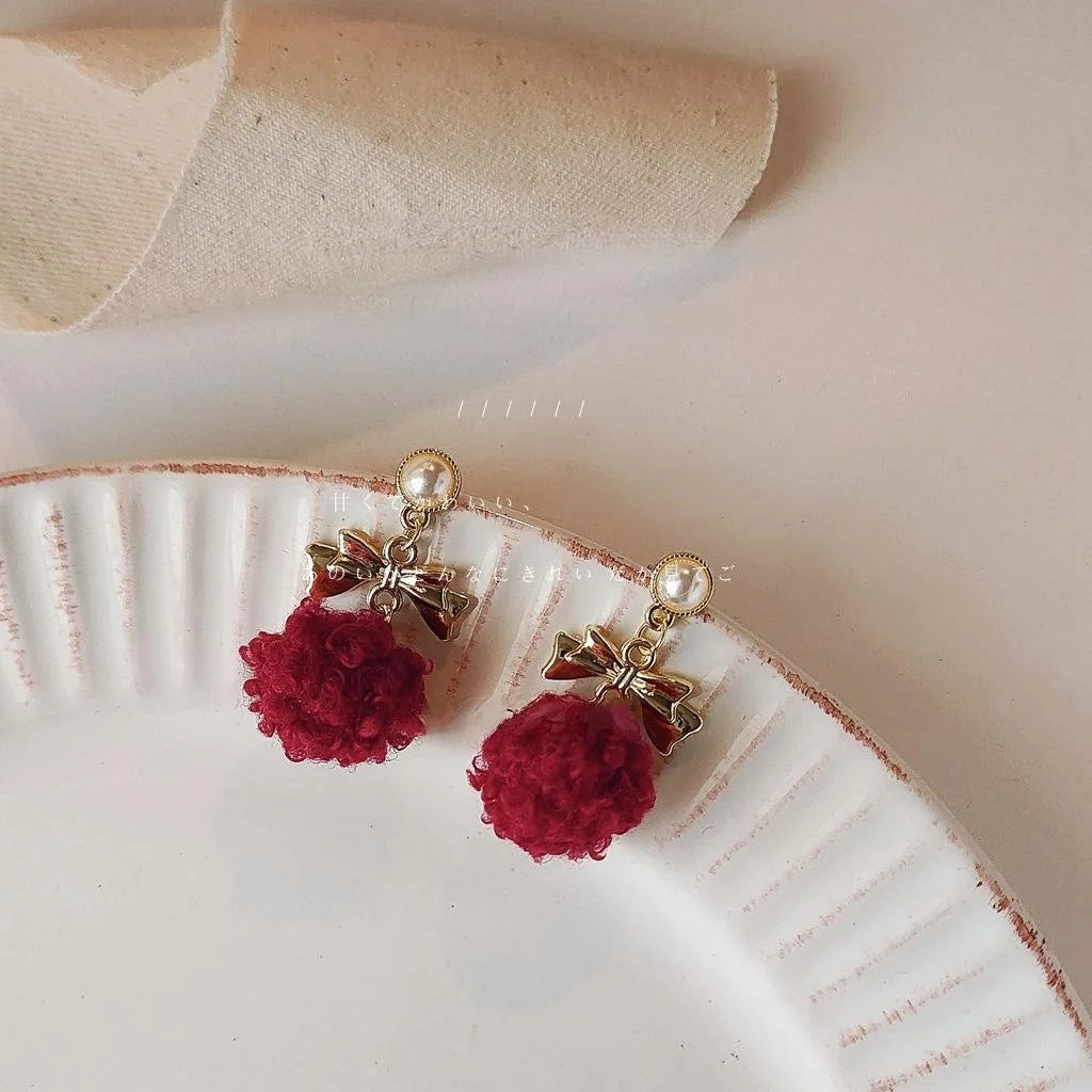 Burgundy Lambswool Pom Pom Bow Stud Earrings Silver Plated Korean Japanese Winter Jewelry