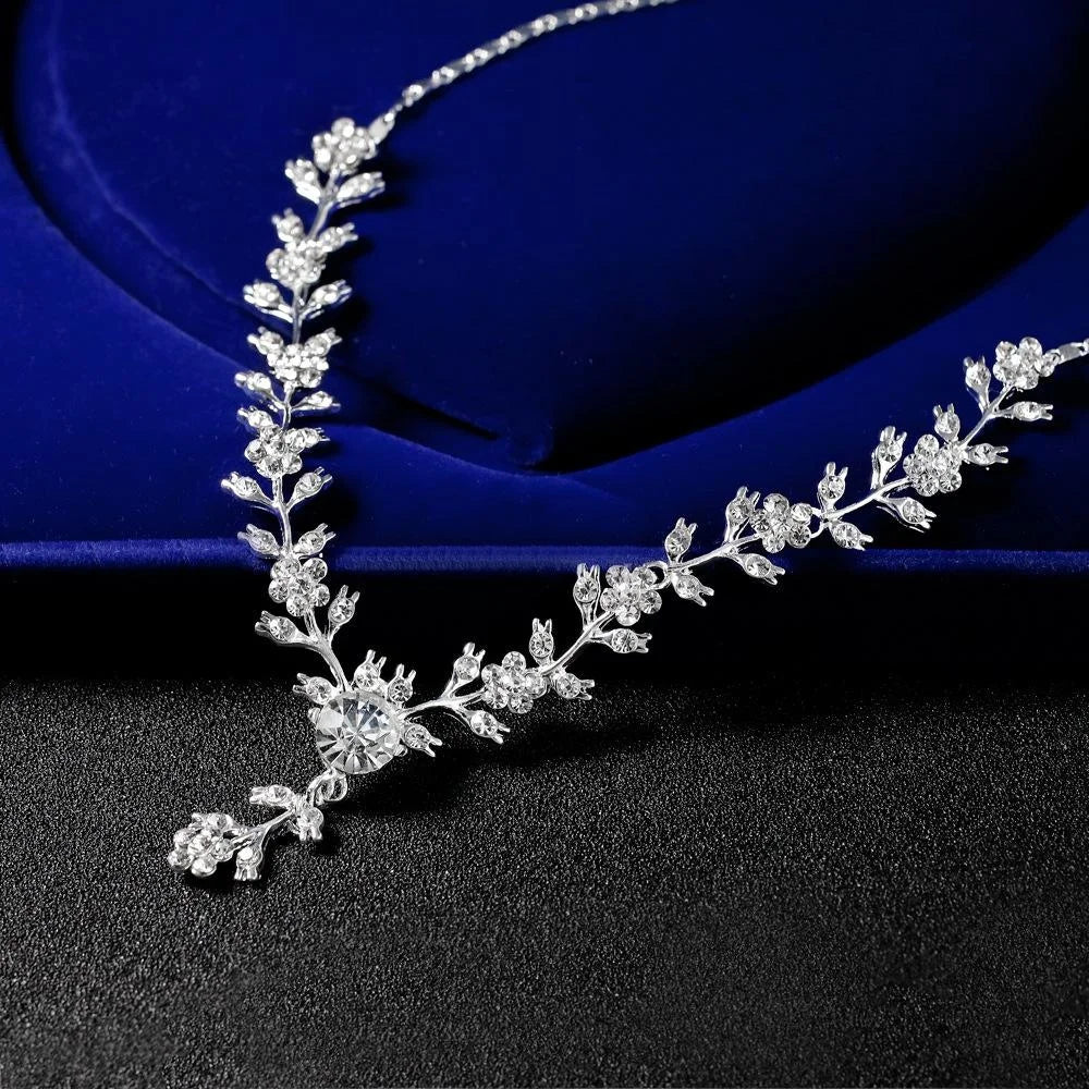 Elegant Silver Alloy Rhinestone Vine Flower Necklace And Earrings Jewelry Set For Bridal Wedding Party Gift