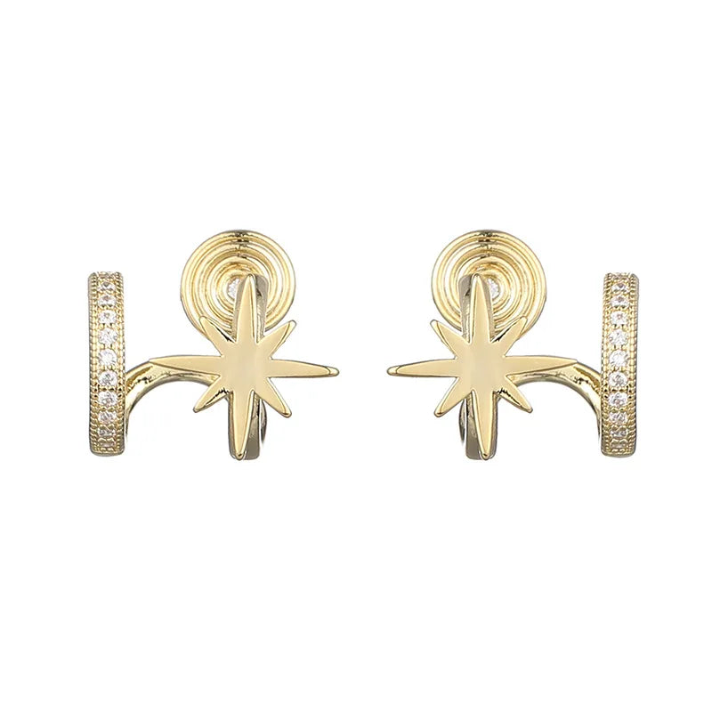 Elegant Silver Alloy Starburst Crescent Hoop Rhinestone Stud & Clip On No Piercing Earrings