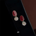 French Vintage Copper Oval Geometric Red Zircon Ball Stud Earrings For Women