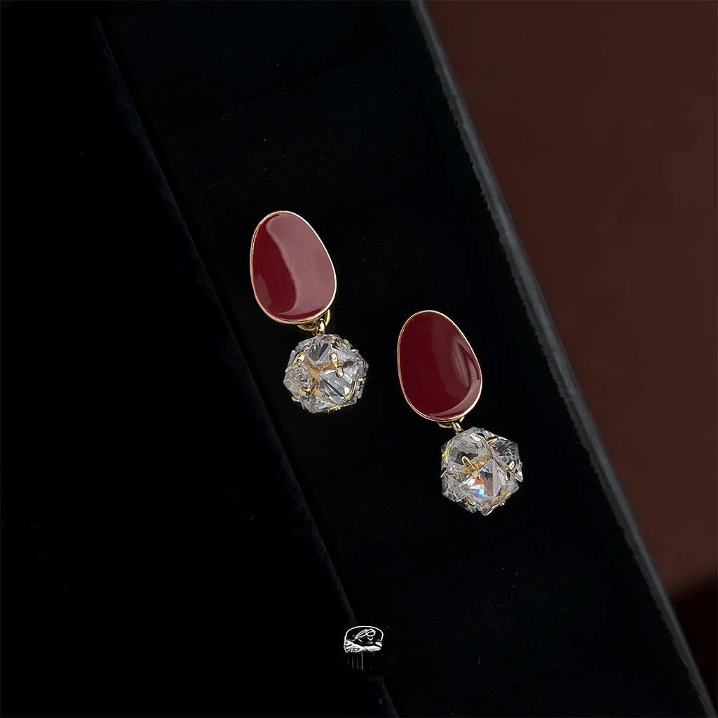 French Vintage Copper Oval Geometric Red Zircon Ball Stud Earrings For Women