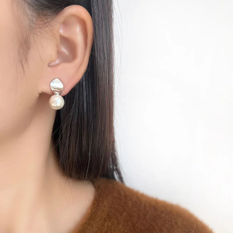 Elegant Oval Disc Faux Pearl Drop Stud & Clip On No Piercing 925 Silver Needle Korean Fashion Earrings