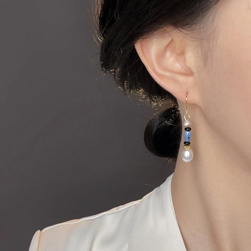 Handmade Natural Freshwater Pearl Drop Earrings Ethnic Retro Navy Blue Geometric Design