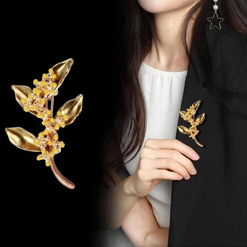 Elegant Osmanthus Flower Enamel Brooch With Gold Alloy Leaves, Women's Lapel Pin Corsage Suit Accessory