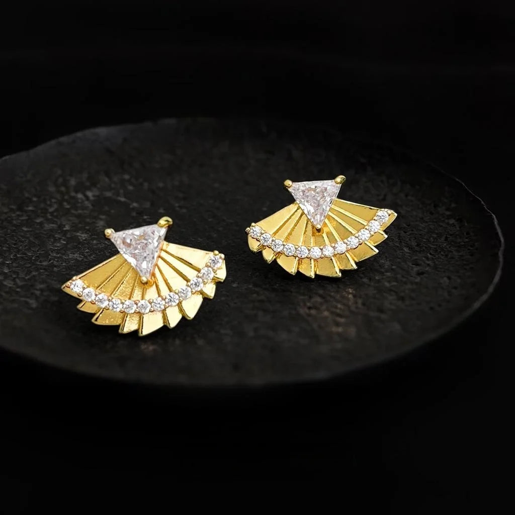 Designer Chinese Trend Fan Leaf Geometric Zircon Eco-Friendly Copper Stud Earrings With Silver Plated Pins