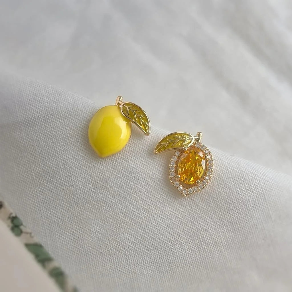 Summer Lemon Asymmetric Stud Earrings With Silver-Plated Pins, Micro Pave Zircon And Hand-Enamel Fruit Design