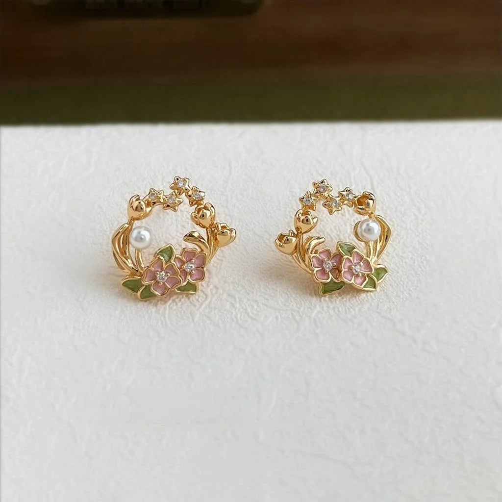 14K Plated Copper Enamel Rose Flower Stud Earrings With Zircon Pearl Chic Floral Jewelry