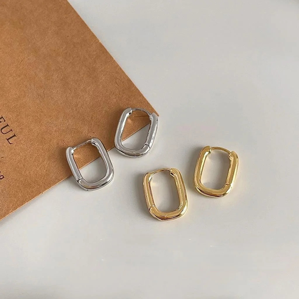 14K Gold Plated Copper Smooth Oval Hoop Drop Earrings For Women Sweet Cool Daily Wear