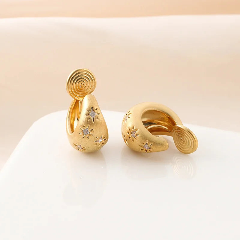 Elegant Brushed Gold Alloy Teardrop Hoop Star Zircon Stud & Clip On No Piercing Huggie Earrings