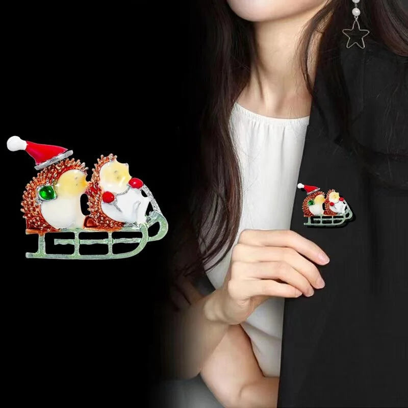 Cute Christmas Hedgehog Sled Enamel Rhinestone Brooch, Festive Alloy Lapel Pin Corsage Gift
