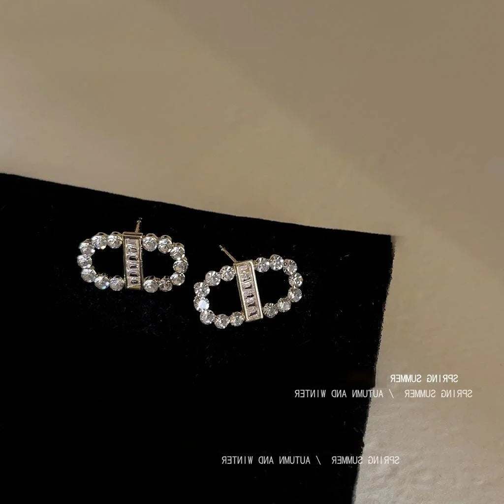 Light Luxury Copper Stud Earrings With Micro Pave Zircon Letter Oval Geometric Minimalist Design