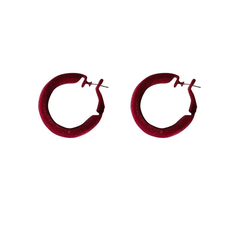 Burgundy Flocked U-Shaped Hoop Drop Earrings, Premium Geometric Jewelry