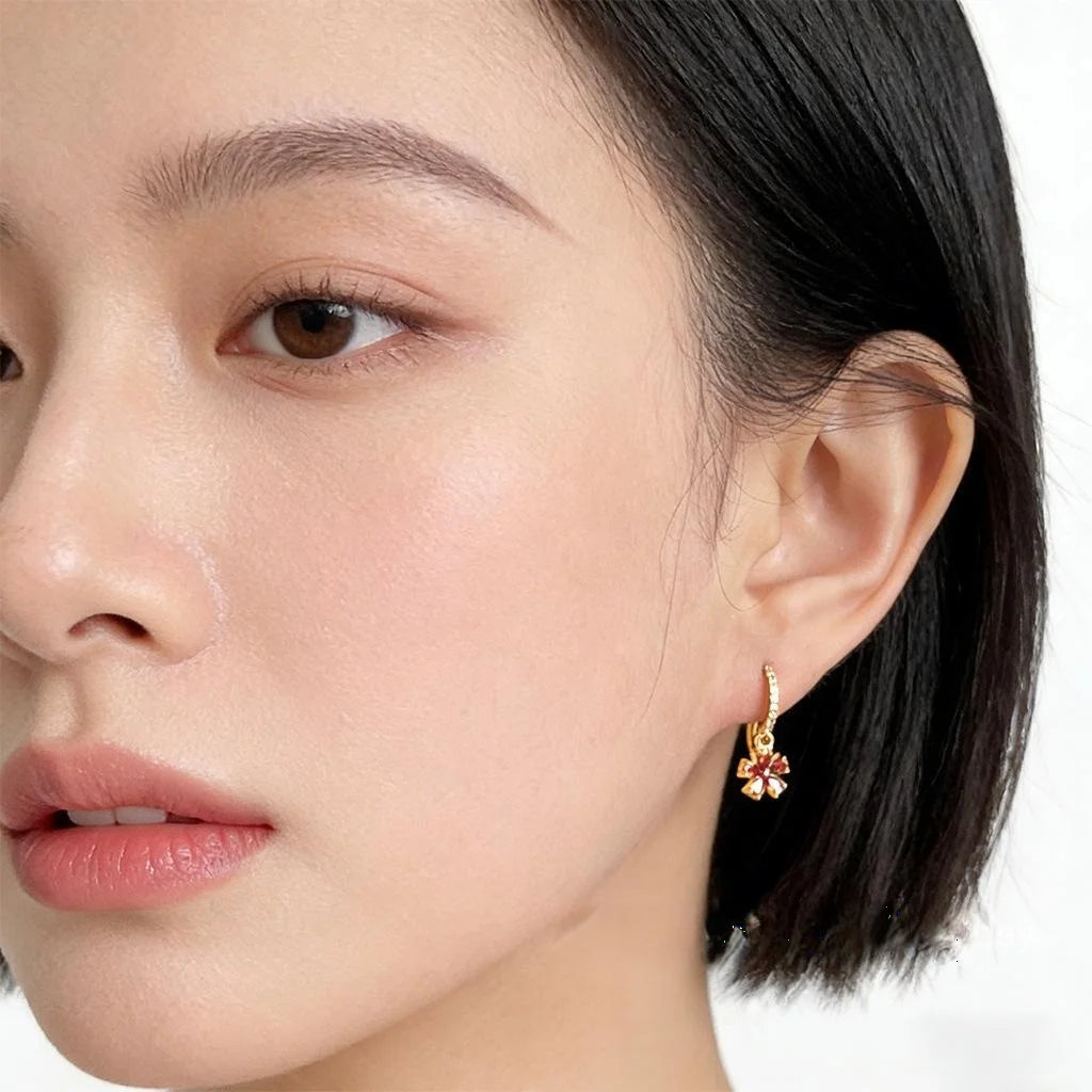 Light Luxury Micro Pave Garnet Red Zircon Plum Blossom Copper Drop Earrings For Women