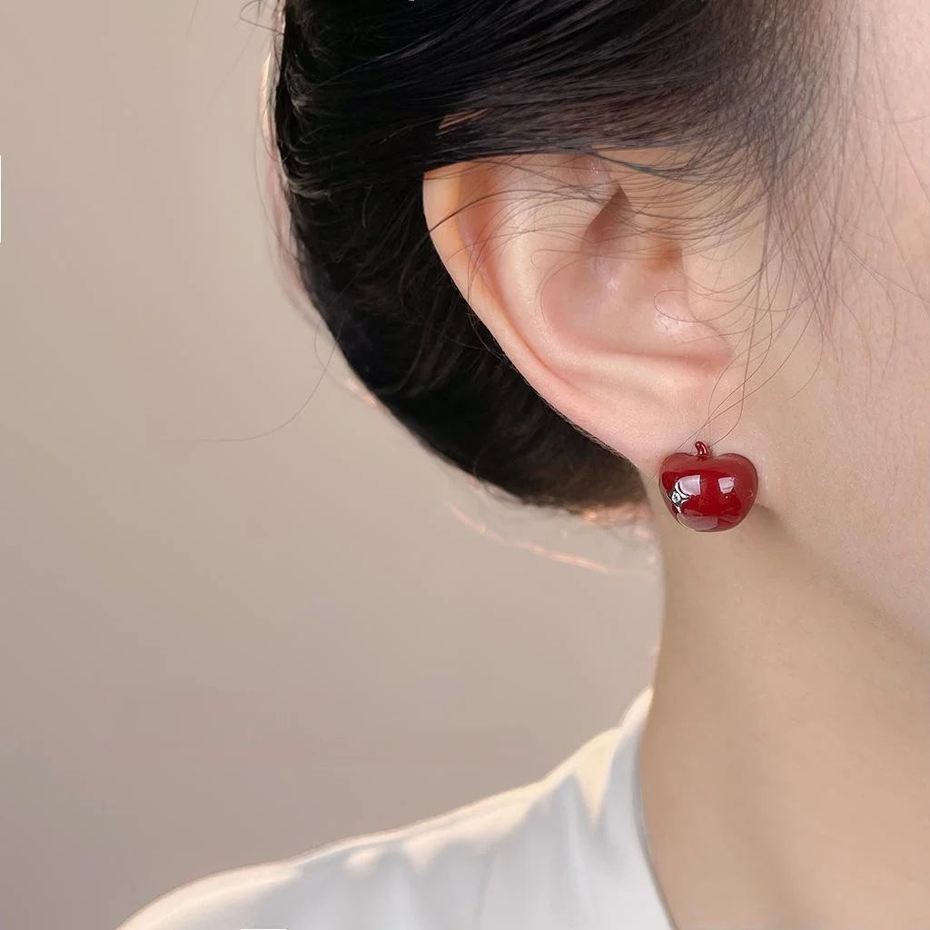 Style Copper Enamel Burgundy Apple Stud Earrings With Zircon Asymmetric AB Design