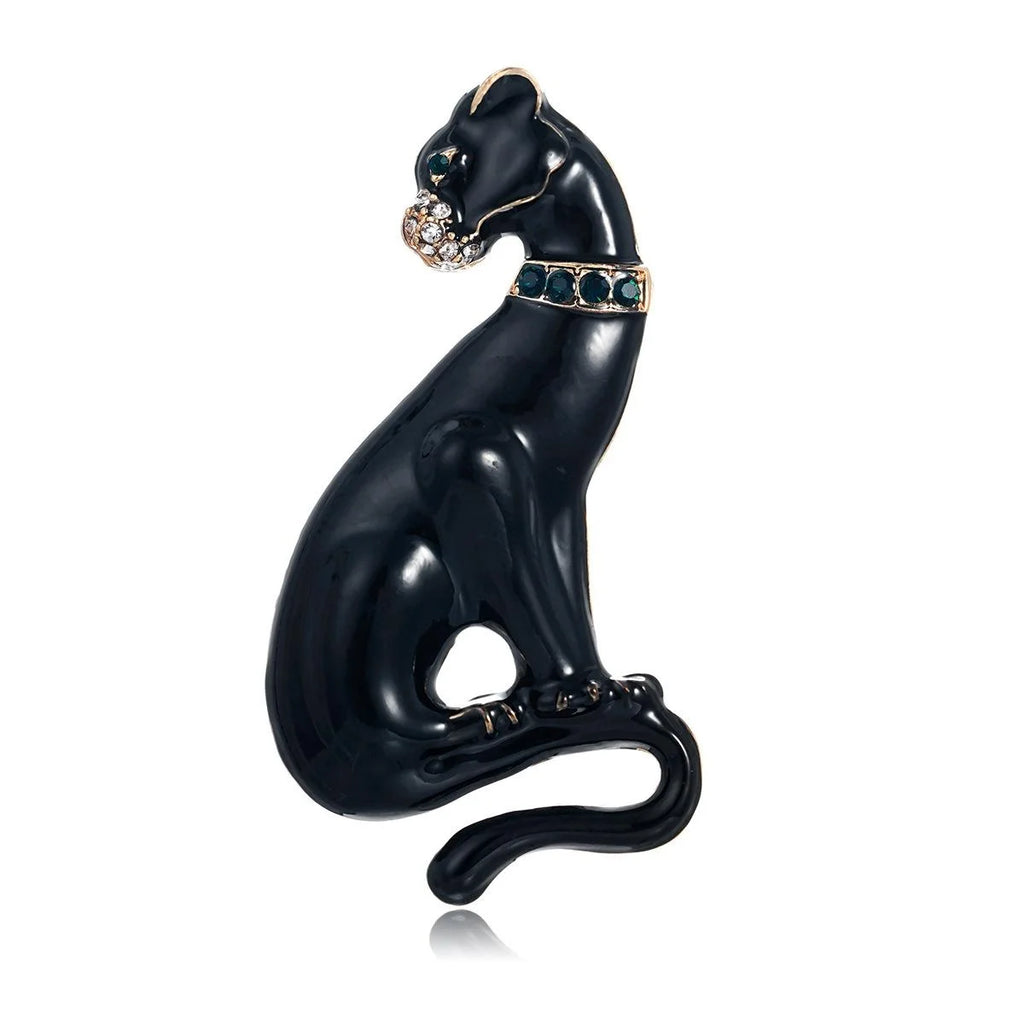 Luxury Black Panther Enamel Brooch With Rhinestone Collar, Elegant Animal Lapel Pin Suit Accessory
