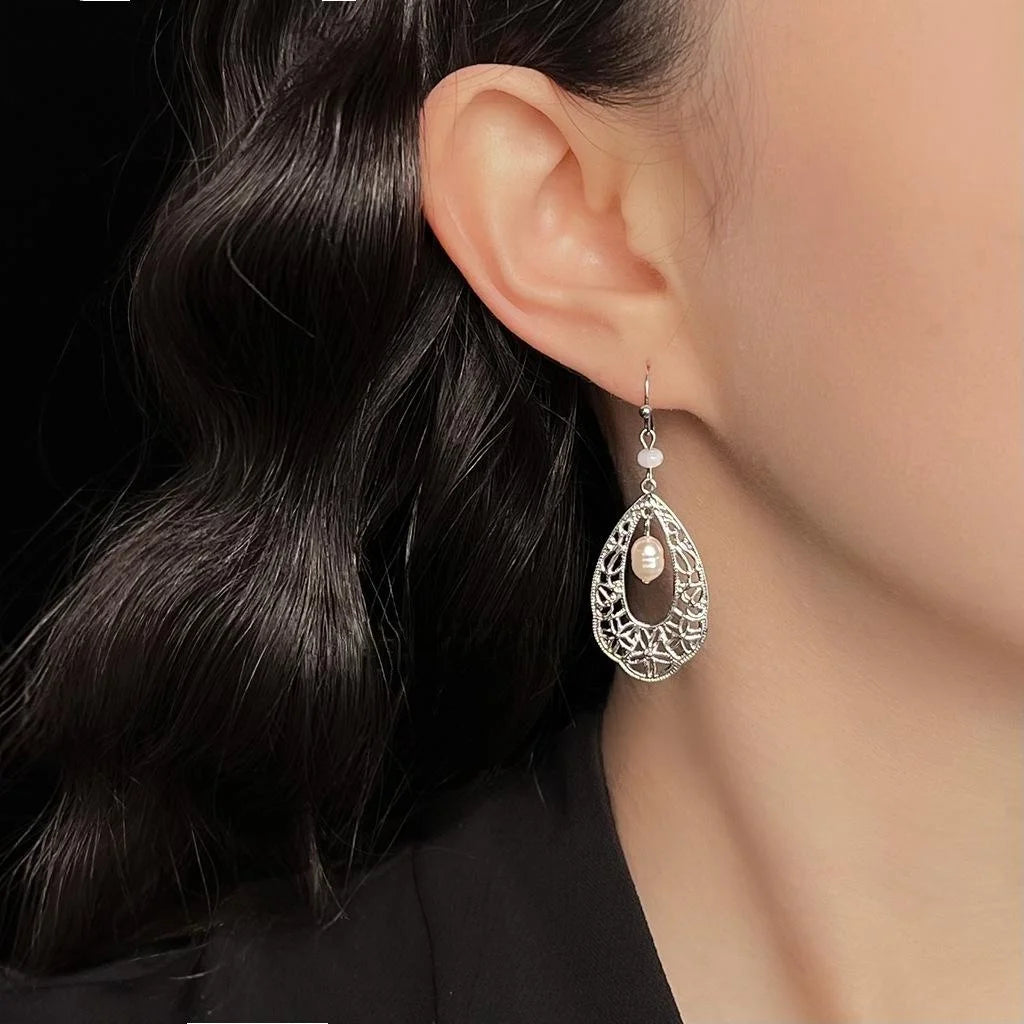 Natural Freshwater Pearl Teardrop Hollow Geometric Ethnic Handmade Drop Earrings