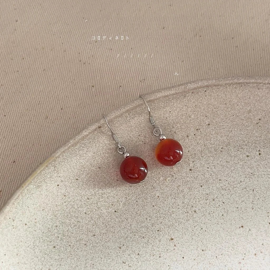 Red Agate Geometric Round Drop Earrings Vintage Palace Style Silver Plated Handmade Jewelry