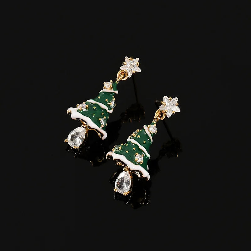 Elegant Green Enamel Christmas Tree Zircon Dangle Stud & Clip On No Piercing Holiday Earrings