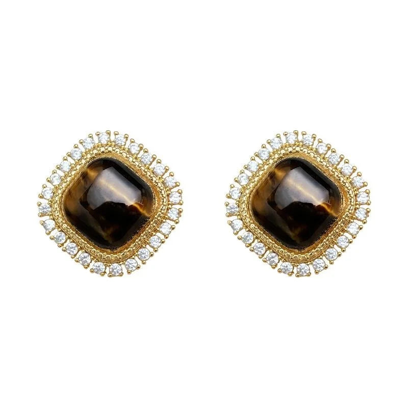 Vintage Maillard Tiger Eye Stone Micro Pave Zircon Geometric Square Stud Earrings