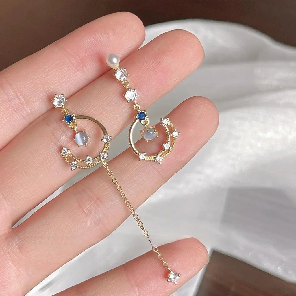 14K Gold Plated Copper Micro Pave Zircon Star Tassel Stud Earrings Asymmetric Jewelry