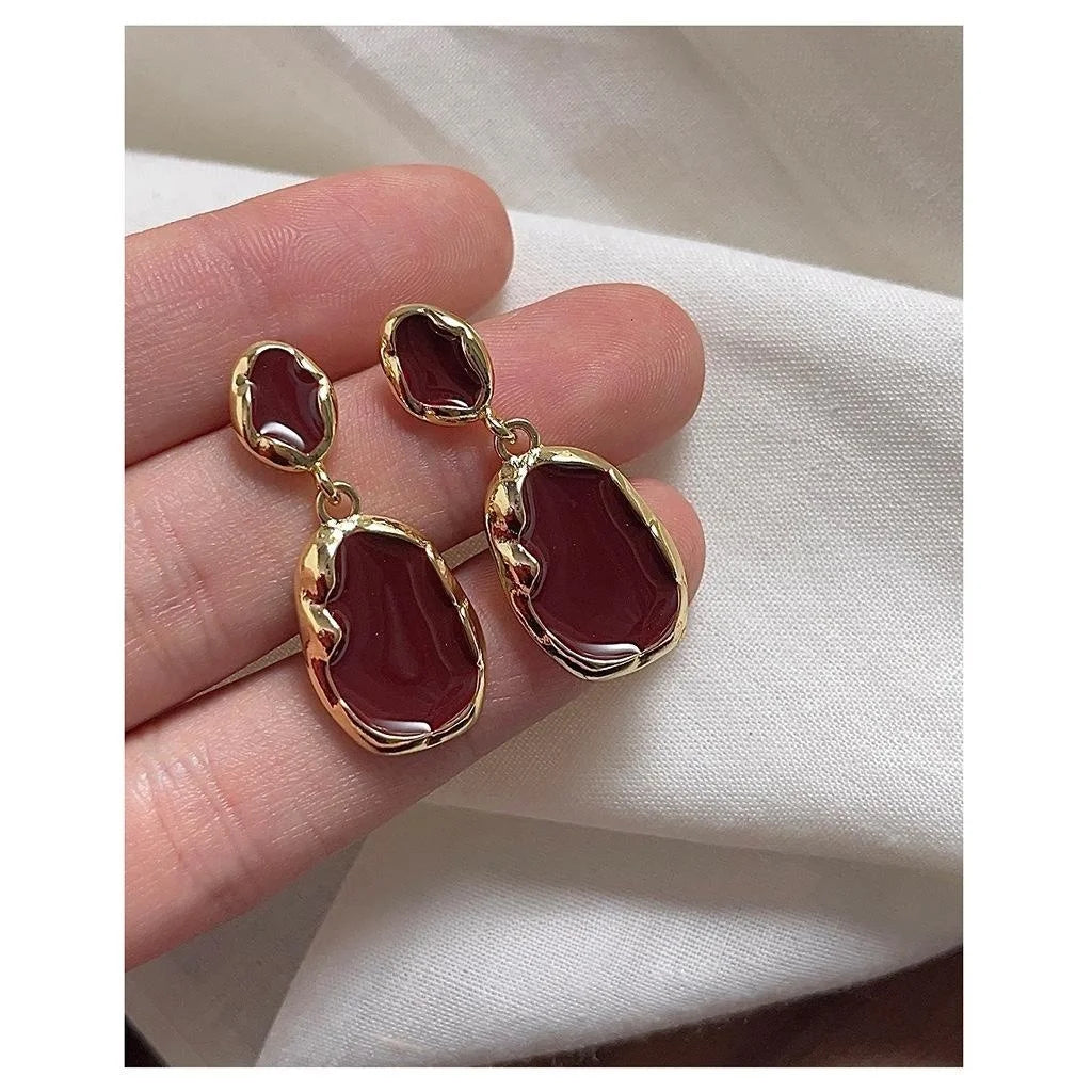 Luxury Hong Kong Retro Copper 14K Plated Burgundy Enamel Irregular Oval Drop Earrings