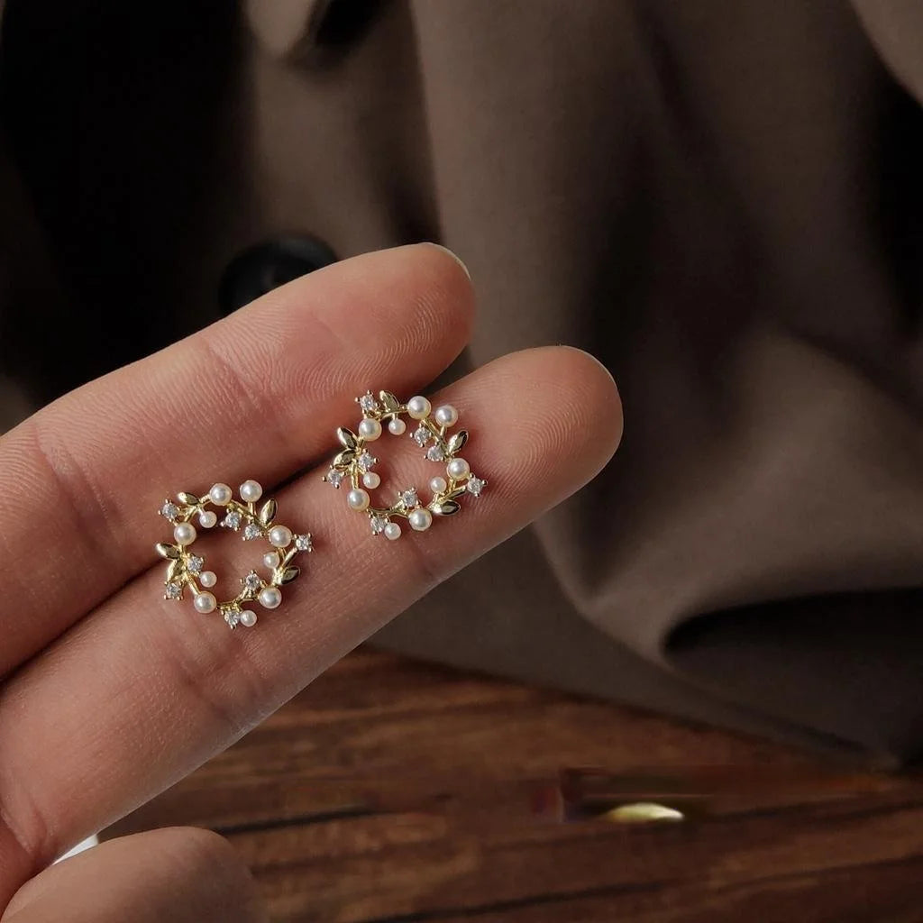French Sweet Micro Pave Zircon Hollow Floral Wreath 14K Plated Stud Earrings