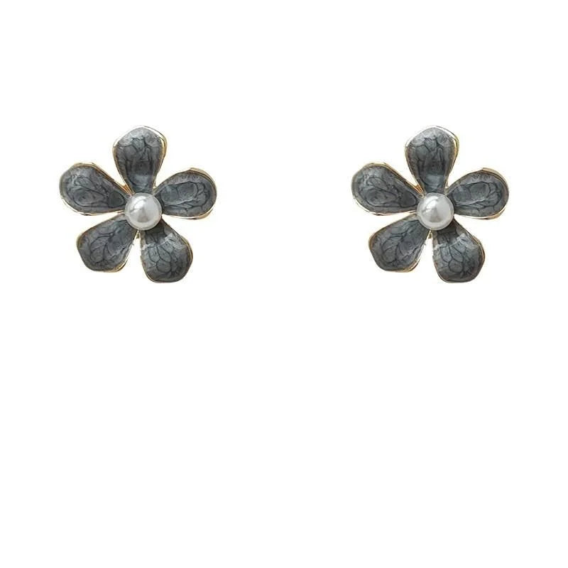 French Vintage Haze Blue Enamel Flower Pearl Alloy Stud Earrings For Women