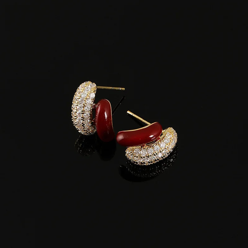 Elegant Red Enamel Bean Hoop Zircon Stud & Clip On No Piercing Luxury Alloy Half Circle Earrings